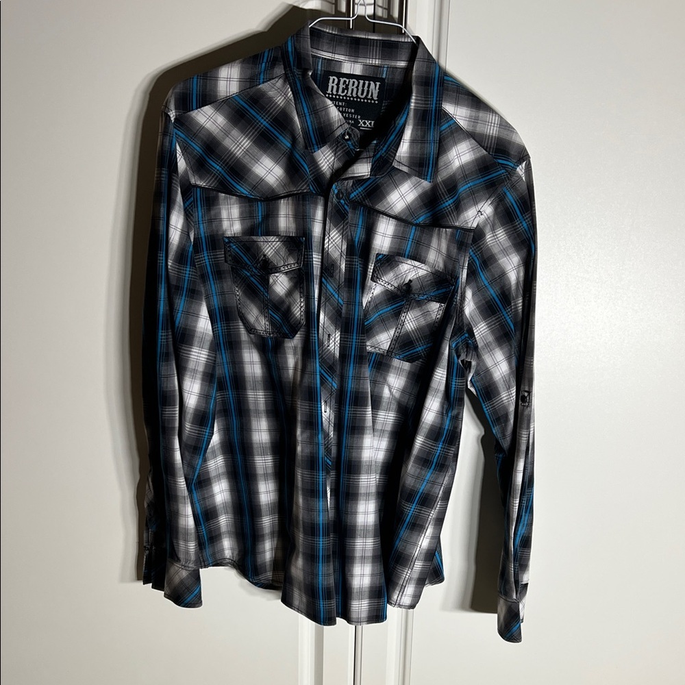 Men's Blue and Black Plaid Shirt rerun